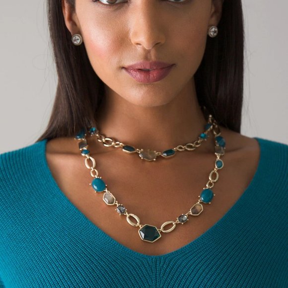 WHBM CONVERTIBLE Goldtone Blue GENUINE Gem Mix Double Row Statement Necklace - Picture 5 of 5